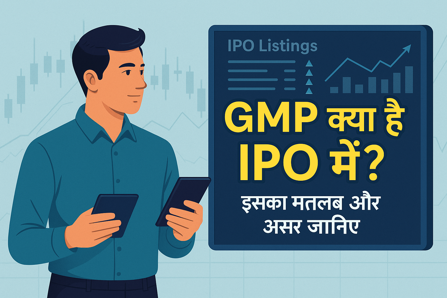 A young Indian man checking stock market data on a tablet, with Hindi text 'IPO में GMP क्या होता है?' in bold, and financial graphs in the background.