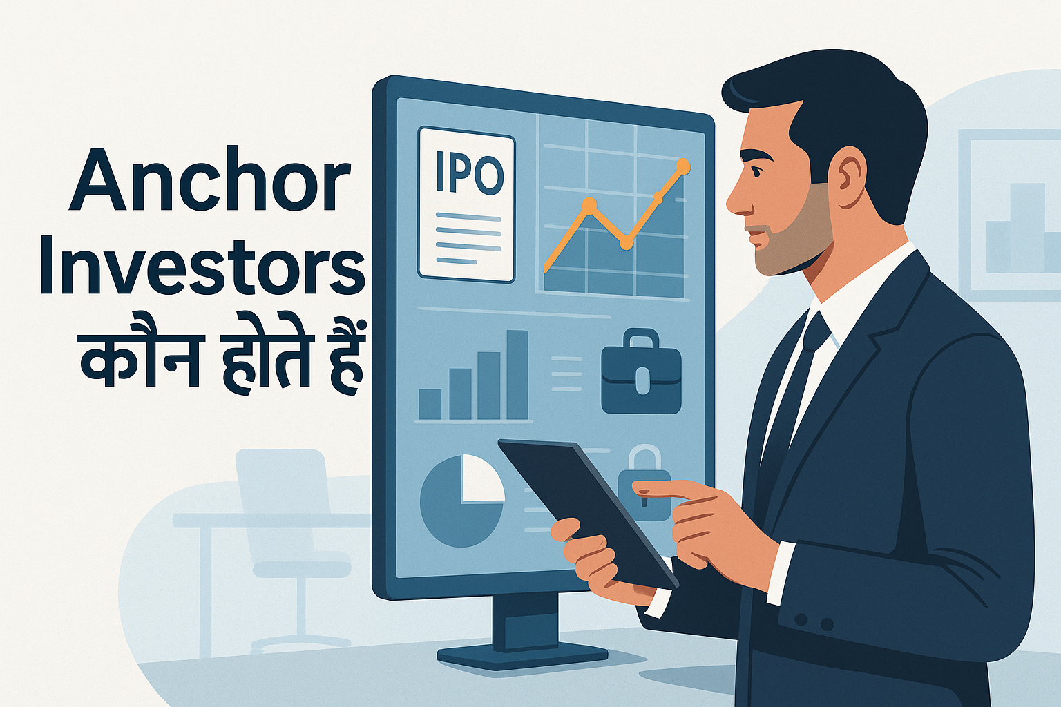 एक भारतीय निवेशक IPO दस्तावेज़ और चार्ट देखते हुए, बैकग्राउंड में टेक्स्ट लिखा है 'Anchor Investors कौन होते हैं?' और फाइनेंशियल आइकॉन्स जैसे चार्ट, ग्राफ, ब्रीफकेस, और लॉक।