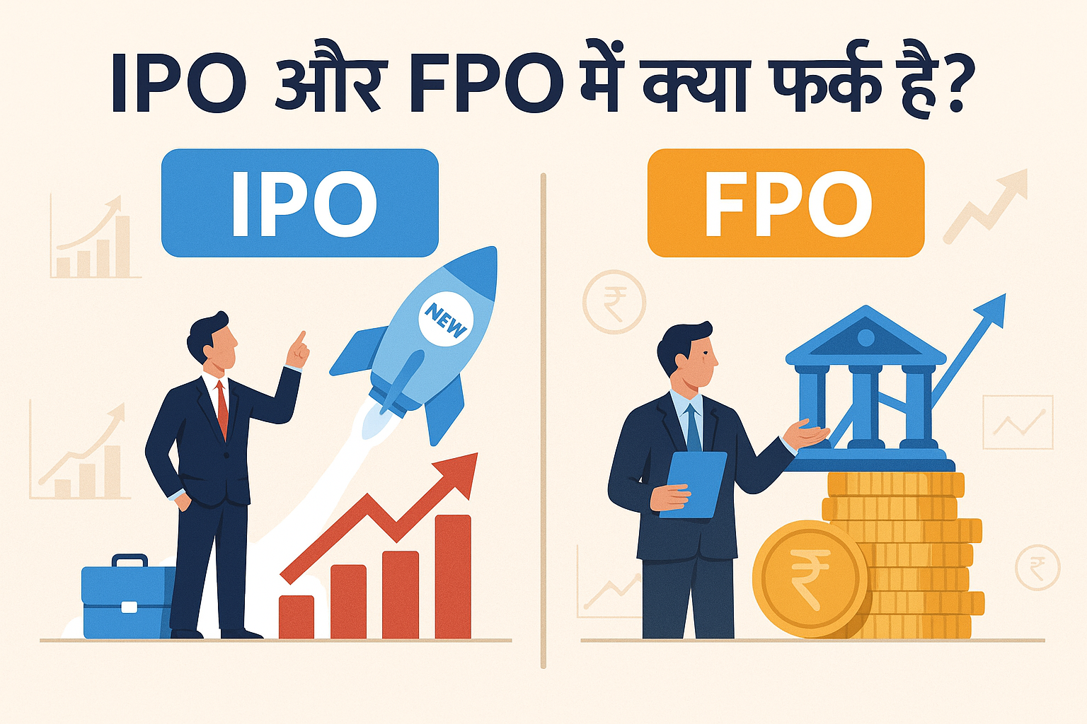एक हिंदी इन्फोग्राफिक जिसमें IPO और FPO का अंतर समझाया गया है, दो बिज़नेस व्यक्तियों और स्टॉक मार्केट आइकॉन्स के साथ, बैकग्राउंड में चार्ट्स और ग्राफ।