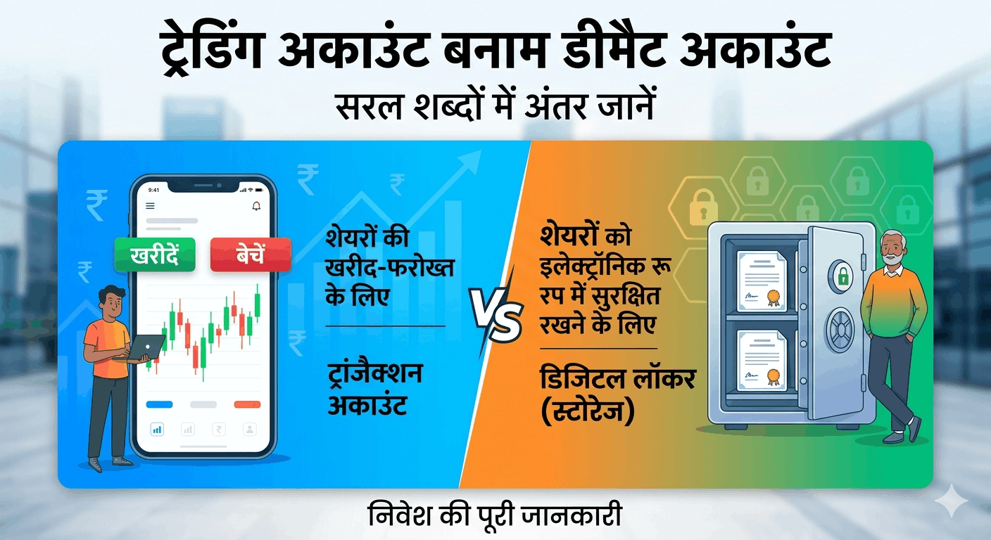एक तुलनात्मक इन्फोग्राफिक जो 'Trading Account vs Demat Account' के बीच का अंतर बताता है। बाईं ओर लेन-देन के लिए चार्ट्स के साथ एक स्मार्टफोन है (ट्रेडिंग अकाउंट), और दाईं ओर शेयर्स सुरक्षित रखने के लिए एक डिजिटल तिजोरी है (डीमैट अकाउंट)। बीच में एक पुरुष निवेशक खड़ा है। ऊपर हिंदी में हुक लिखा है: 'शेयर बाज़ार में कदम रखने से पहले जानें यह सबसे बड़ा अंतर!'