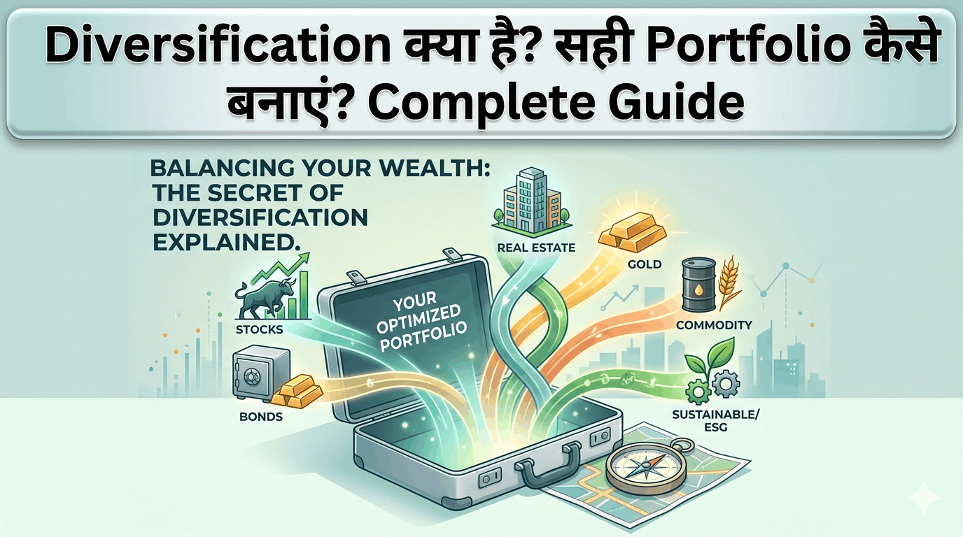 एक विस्तृत इन्फोग्राफिक जिसमें 'Your Optimized Portfolio' नाम का एक खुला हुआ सूटकेस दिखाया गया है। सूटकेस से स्टॉक्स (Stocks), बॉन्ड्स (Bonds), रियल एस्टेट (Real Estate), सोना (Gold), कमोडिटी (Commodity) और सस्टेनेबल/ESG निवेश जैसी विभिन्न संपत्तियों की धाराएं निकल रही हैं। ऊपर हिंदी में 'Diversification क्या है? सही Portfolio कैसे बनाएं? Complete Guide' लिखा है।