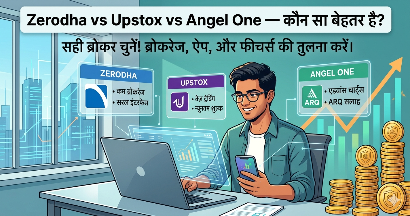 Zerodha, Upstox और Angel One ब्रोकर्स के बीच तुलना को दर्शाता एक आधुनिक 3D डिजिटल इन्फोग्राफिक। दृश्य में एक युवा भारतीय पुरुष निवेशक अपने लैपटॉप और स्मार्टफोन पर तीनों प्लेटफॉर्म्स के ब्रोकरेज, ऐप इंटरफेस और चार्टिंग फीचर्स का विश्लेषण कर रहा है। बैकग्राउंड में वित्तीय ग्राफ और शेयर बाजार के बढ़ते हुए चार्ट्स के साथ मुख्य शीर्षक हिंदी में लिखा है।