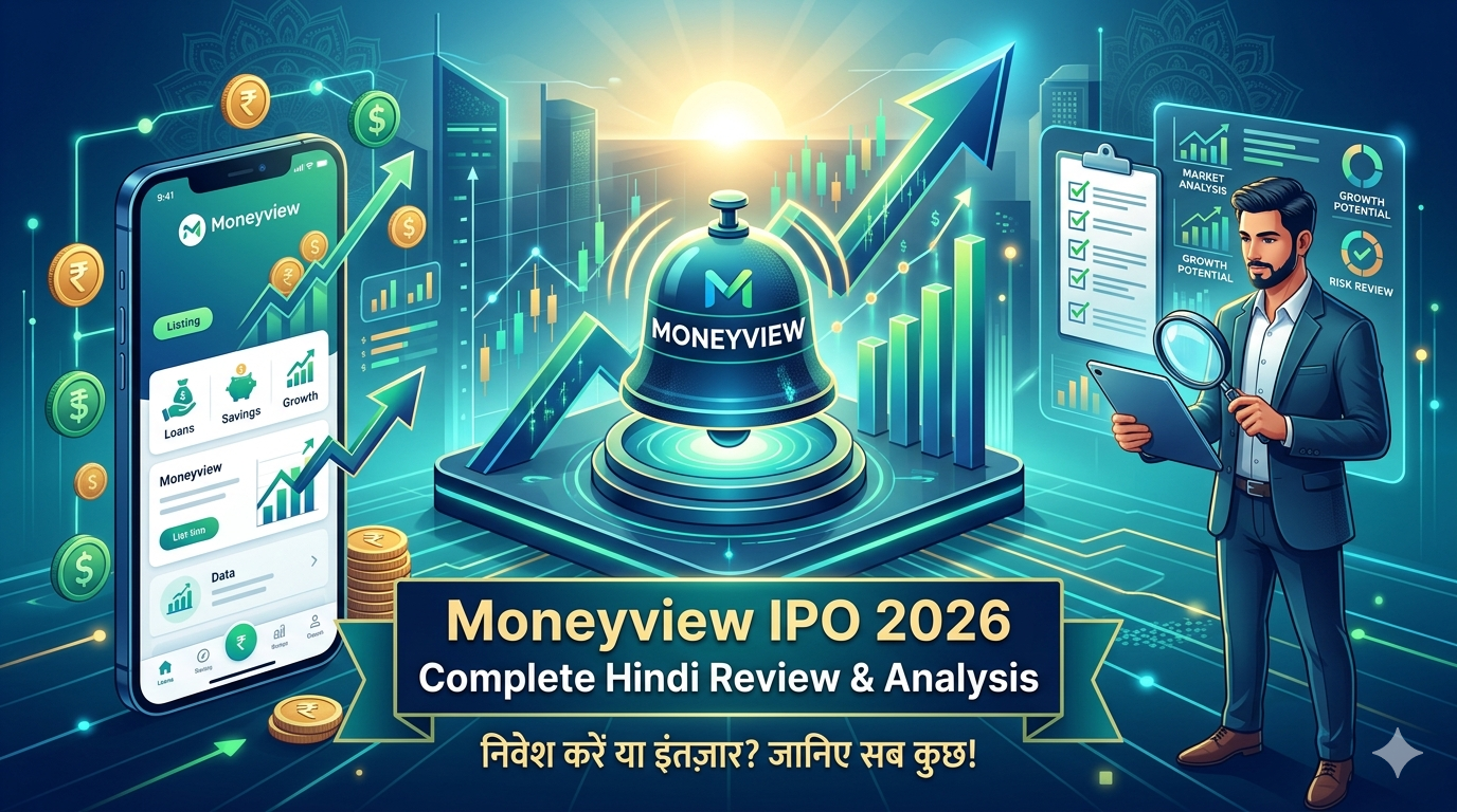 एक विस्तृत वित्तीय इन्फोग्राफिक फीचर इमेज जिसमें 'Moneyview IPO 2026' और 'Complete Hindi Review & Analysis' टेक्स्ट के साथ एक जीवंत आधुनिक 3D डिजिटल चित्रण दिखाया गया है। केंद्र में एक चमकती हुई Moneyview लिस्टिंग घंटी और ऊपर की ओर बढ़ता हुआ स्टॉक मार्केट ग्राफ है। बाईं ओर एक स्मार्टफोन Moneyview ऐप सेवाओं (लोन, सेविंग्स, ग्रोथ) को प्रदर्शित करता है, और दाईं ओर एक पेशेवर निवेशक 'Market Analysis' और 'Risk Review' जैसे डेटा चार्ट्स का विश्लेषण कर रहा है। केंद्र में एक प्रमुख हिंदी टेक्स्ट हुक है: 'निवेश करें या इंतज़ार? जानिए सब कुछ!'।