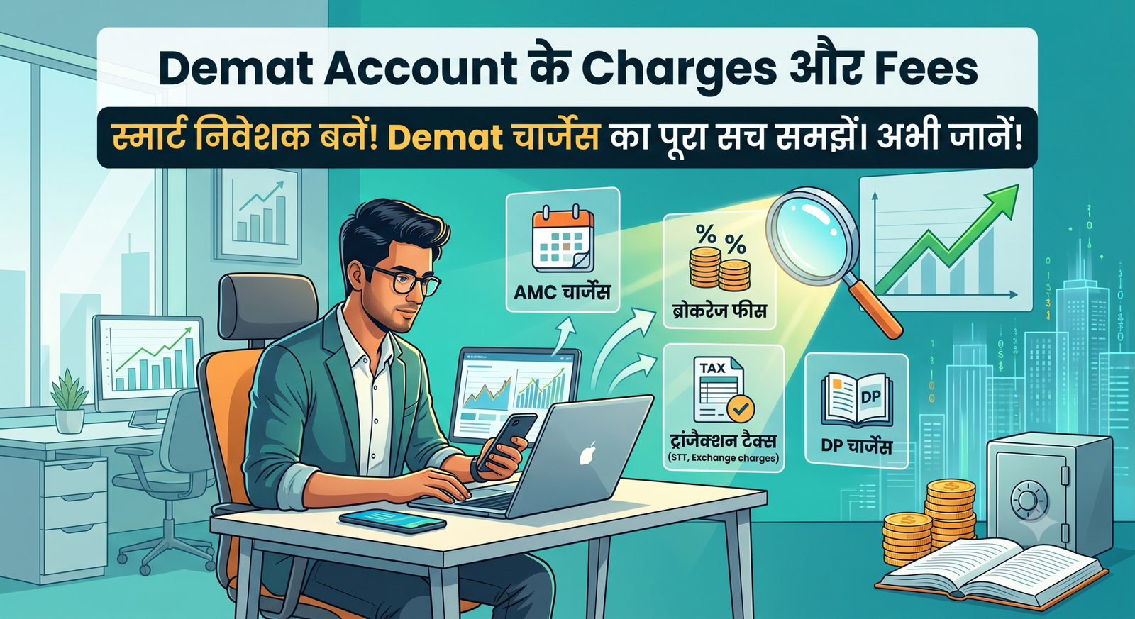 दो युवा निवेशक एक स्मार्टफोन और लैपटॉप पर डिमैट अकाउंट (Demat Account) के विभिन्न चार्जेज जैसे AMC, ट्रांजैक्शन फीस, और DP चार्जेज का विश्लेषण कर रहे हैं।