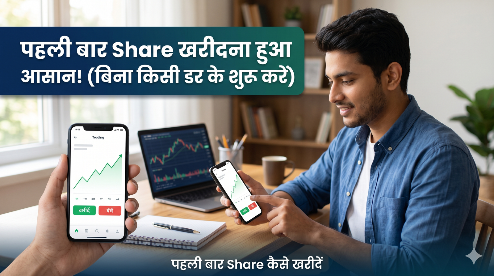 A young man happily using a trading app on his phone to learn how to buy shares for the first time.