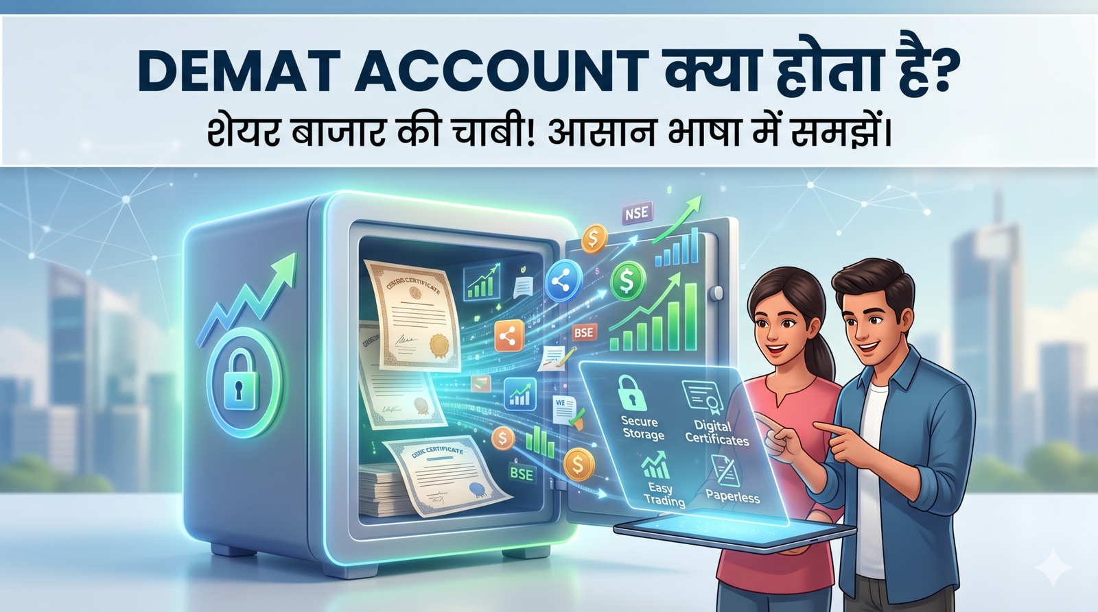 एक डिजिटल तिजोरी के साथ दो युवा निवेशक, जो शेयर बाजार के ग्राफ्स और डीमैट अकाउंट (Demat Account) के कॉन्सेप्ट को आसान भाषा में समझ रहे हैं।