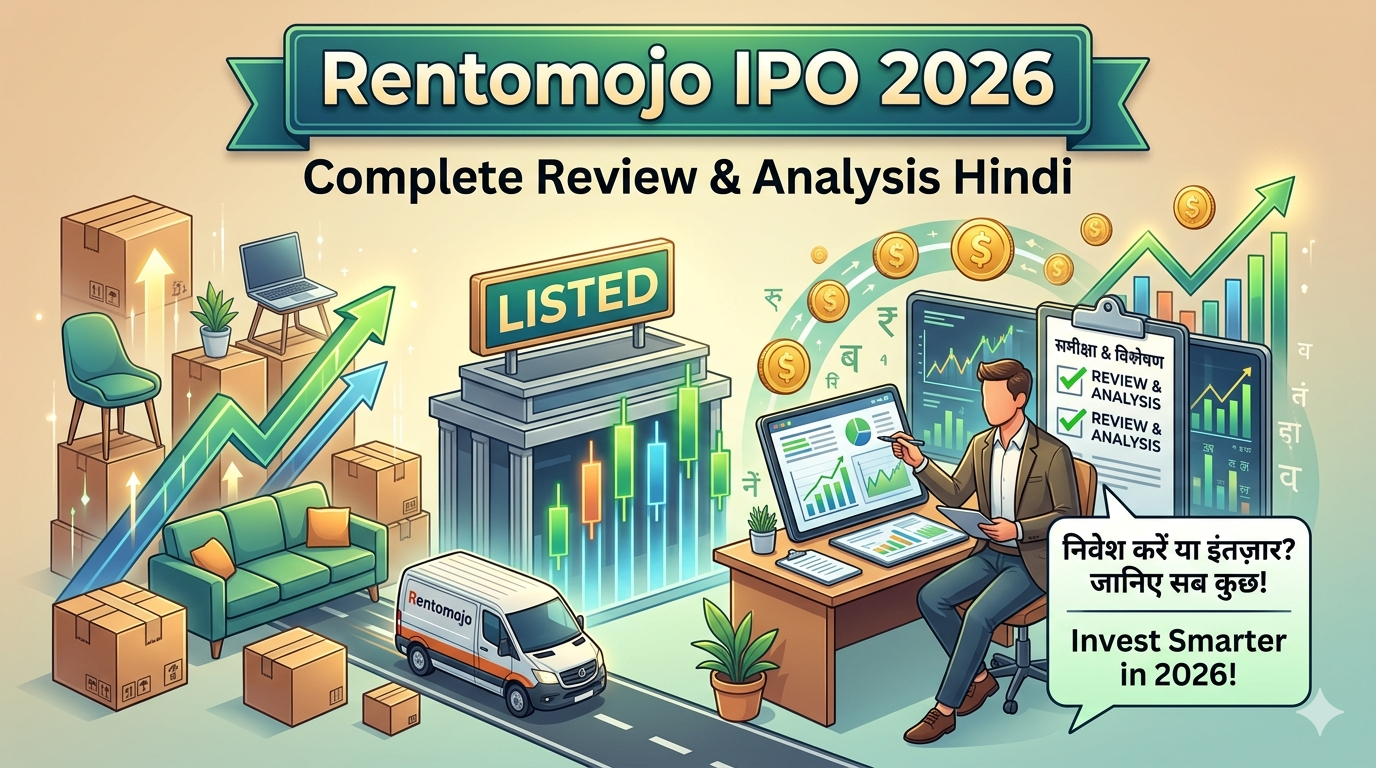 A detailed illustration of a Rentomojo IPO event. Confident investor with a checklist, furniture items rising like stock graphs towards a listed market. Text hooks in Hindi and English about investing vs waiting and knowing everything.