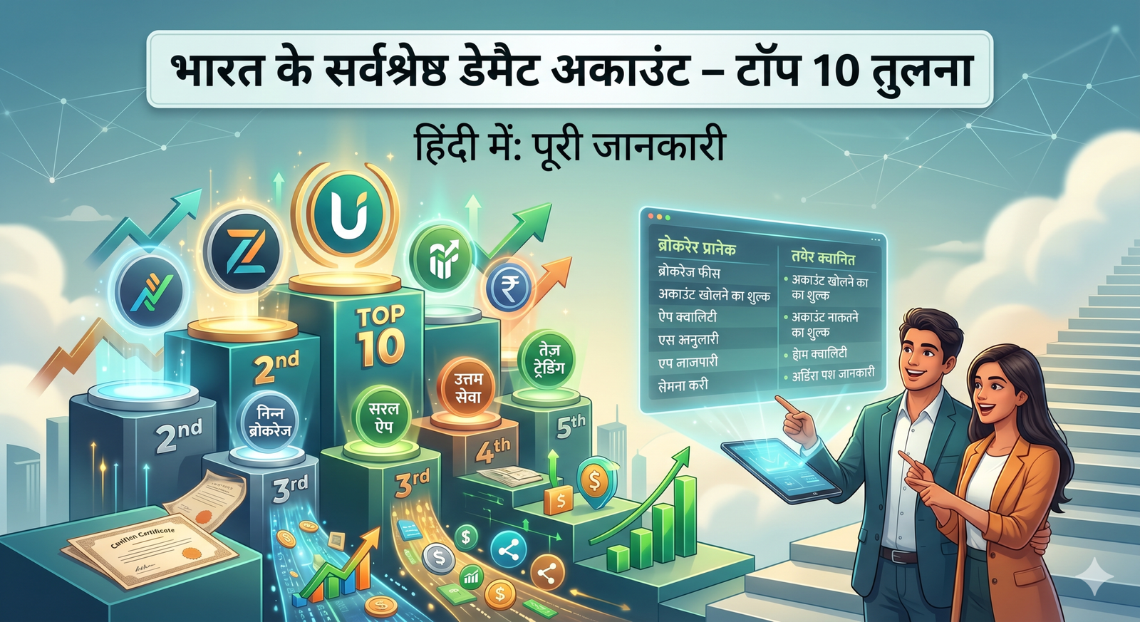 A modern digital illustration: A multi-tiered awards podium for India’s best 10 Demat accounts, featuring major broker logos and comparison factors in Hindi. A smiling Indian couple pointing towards a tablet screen with comparison details, illustrating stock market growth.