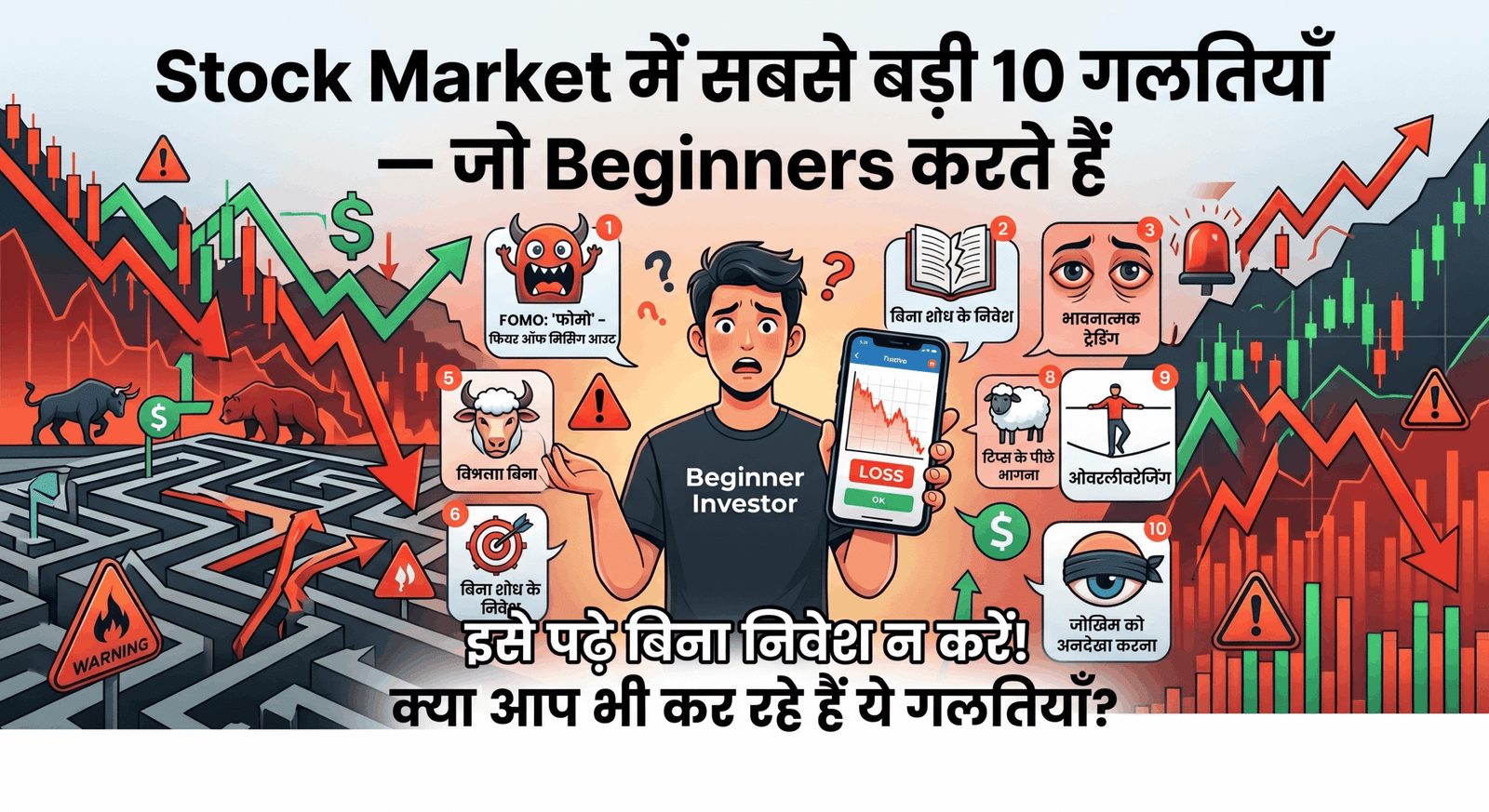 A colorful infographic illustrating the "Top 10 Stock Market Mistakes for Beginners" (in Hindi: "Stock Market में सबसे बड़ी 10 गलतियाँ"). It features a central confused investor surrounded by numbered icons depicting common errors like FOMO, lack of research, and emotional trading.