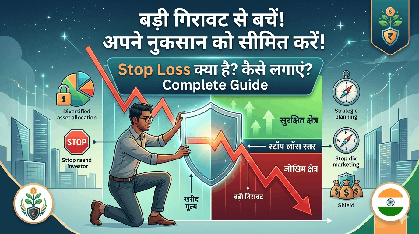 शेयर बाजार के नुकसान से बचने के लिए स्टॉप लॉस (Stop Loss) के उपयोग को दर्शाता एक विस्तृत इन्फोग्राफिक। इसमें एक निवेशक को एक ढाल (Shield) की मदद से गिरते हुए लाल स्टॉक मार्केट ग्राफ (गिरावट) को रोकते हुए दिखाया गया है। ग्राफ़ में 'सुरक्षित क्षेत्र' (Safe Zone) और 'जोखिम क्षेत्र' (Risk Zone) को स्पष्ट किया गया है। ऊपर हिंदी में 'बड़ी गिरावट से बचें! अपने नुकसान को सीमित करें!' और 'Stop Loss क्या है? कैसे लगाएं? Complete Guide' लिखा हुआ है।