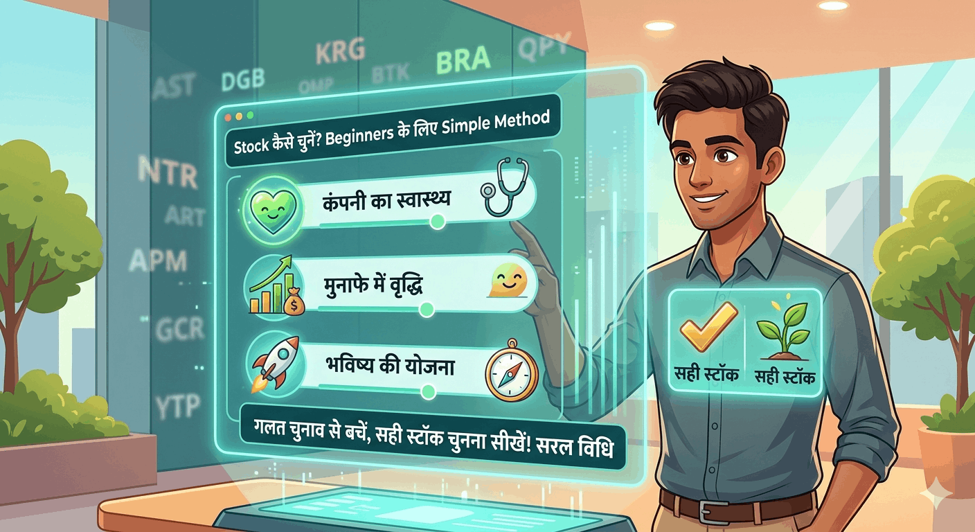 A confident young Indian man in a trustworthy modern financial center uses a simplified holographic data interface to filter stocks. Bright teal and green color scheme. Simplified filters for 'Company Health,' 'Profit Growth,' and 'Future Plan' with glowing icons and Hindi text. Background confusion becomes clarity with 'Right Stock' chosen