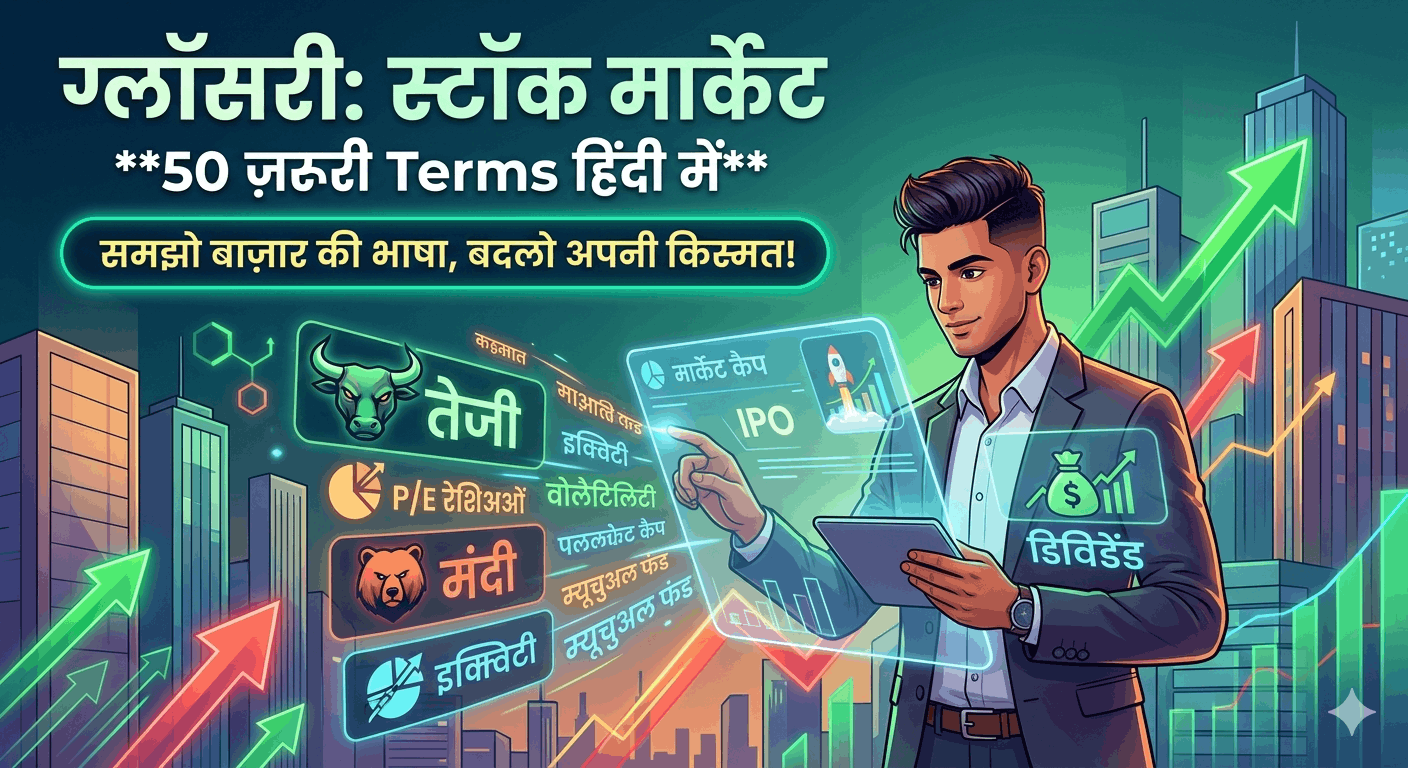 आधुनिक स्टॉक मार्केट शब्दावली का विवरण देते हुए एक निवेशक का चित्रण। इसमें तेज़ी, मंदी, डिविडेंड, P/E रेशियो जैसे 50 ज़रूरी हिंदी शब्दों को डिजिटल स्ट्रीम और आइकॉन के रूप में दिखाया गया है। मुख्य शीर्षक 'ग्लॉसरी: स्टॉक मार्केट - 50 ज़रूरी Terms हिंदी में' और हुक 'समझो बाज़ार की भाषा, बदलो अपनी किस्मत!' है।