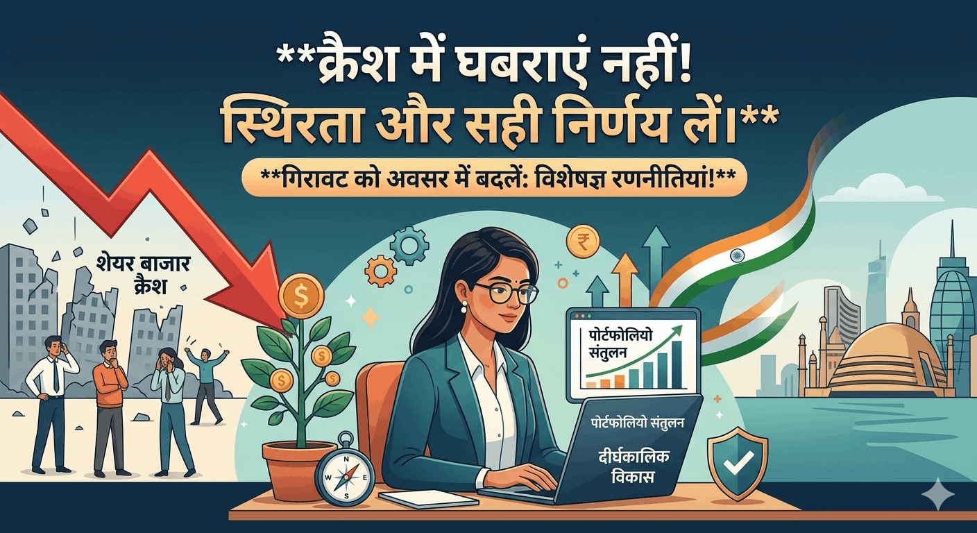 एक डिजिटल चित्रण जिसमें एक शांत भारतीय महिला निवेशक मार्केट क्रैश के बीच अपने स्थिर पोर्टफोलियो और दीर्घकालिक विकास पर ध्यान केंद्रित कर रही है। ऊपर हिंदी में एक हुक और मुख्य शीर्षक लिखा है: "क्रैश में घबराएं नहीं! स्थिरता और सही निर्णय लें। गिरावट को अवसर में बदलें: विशेषज्ञ रणनीतियां!" पृष्ठभूमि में एक गिरता हुआ ग्राफ है, जो स्थिरता पर जोर देता है।Stock Market Crash