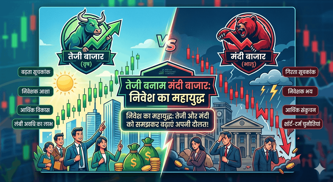 A detailed split-screen infographic titled "BULL MARKET VS BEAR MARKET". The left side is green with a raging bull and rising charts, representing "OPTIMISM & GROWTH". It lists features like "RISING STOCK PRICES" and cheering traders. The center contains the hook "CRUSH THE BEAR, RIDE THE BULL: MASTERING MARKET CYCLES". The right side is red with a snarling bear and falling charts, representing "PESSIMISM & DECLINE". It shows stormy weather, a crumbling "STOCK EXCHANGE", lists "FALLING STOCK PRICES", and panicked traders.