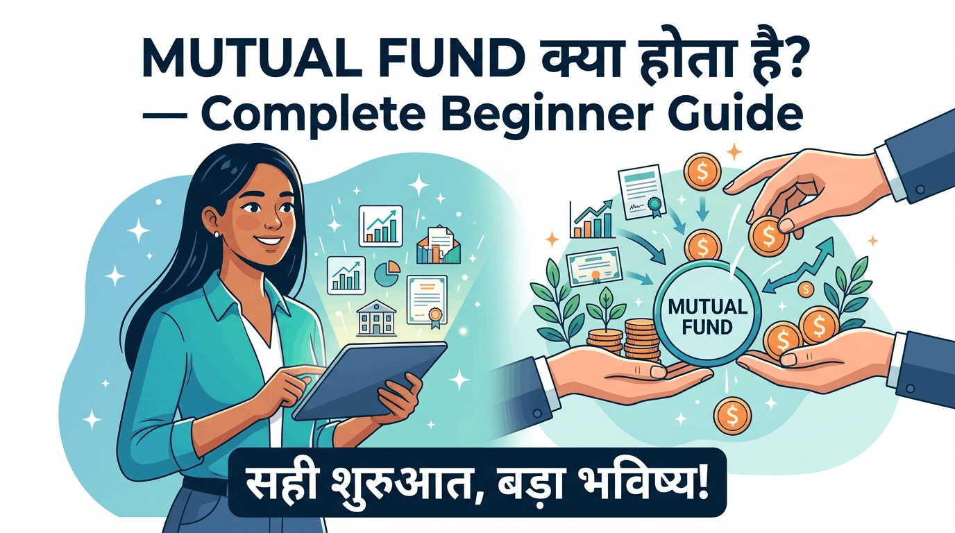 A clean vector illustration explaining mutual funds. On the left, a smiling woman in a teal jacket holds a tablet displaying various data charts, graphs, and certificates, surrounded by sparkles. On the right, hands in business suits pour coins labeled with currency symbols (dollars and Indian rupees) into a central circle labeled "MUTUAL FUND". Arrows indicate the mutual fund then invests into diverse options represented by icons like stock market growth, fixed-income certificates, and stacked coins with growing plants. Hindi and English text at the top reads: "MUTUAL FUND क्या होता है? — Complete Beginner Guide". A banner at the bottom in Hindi reads: "सही शुरुआत, बड़ा भविष्य!" (Correct start, big future!). The overall style is professional and encouraging.