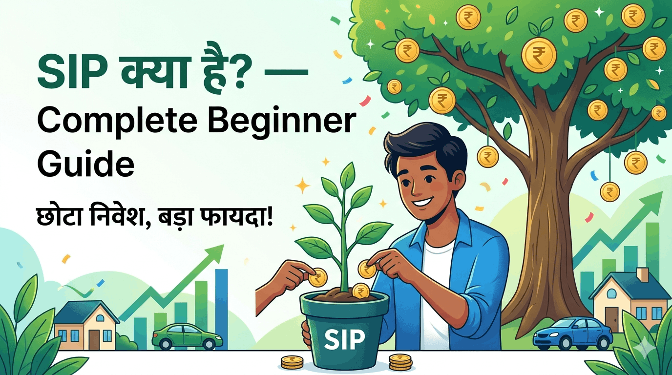 एक आधुनिक इन्फोग्राफिक चित्रण जिसमें एक व्यक्ति छोटे पौधों में सिक्के डाल रहा है, जो एक बड़े, फलदार पेड़ में बदल रहे हैं। पेड़ पर रुपये के प्रतीक लगे हुए हैं, जो नियमित निवेश (SIP) के माध्यम से संपत्ति के निर्माण को दर्शाता है। शीर्ष पर 'SIP क्या है? — Complete Beginner Guide' शीर्षक और 'छोटा निवेश, बड़ा फायदा!' हुक लिखा है।